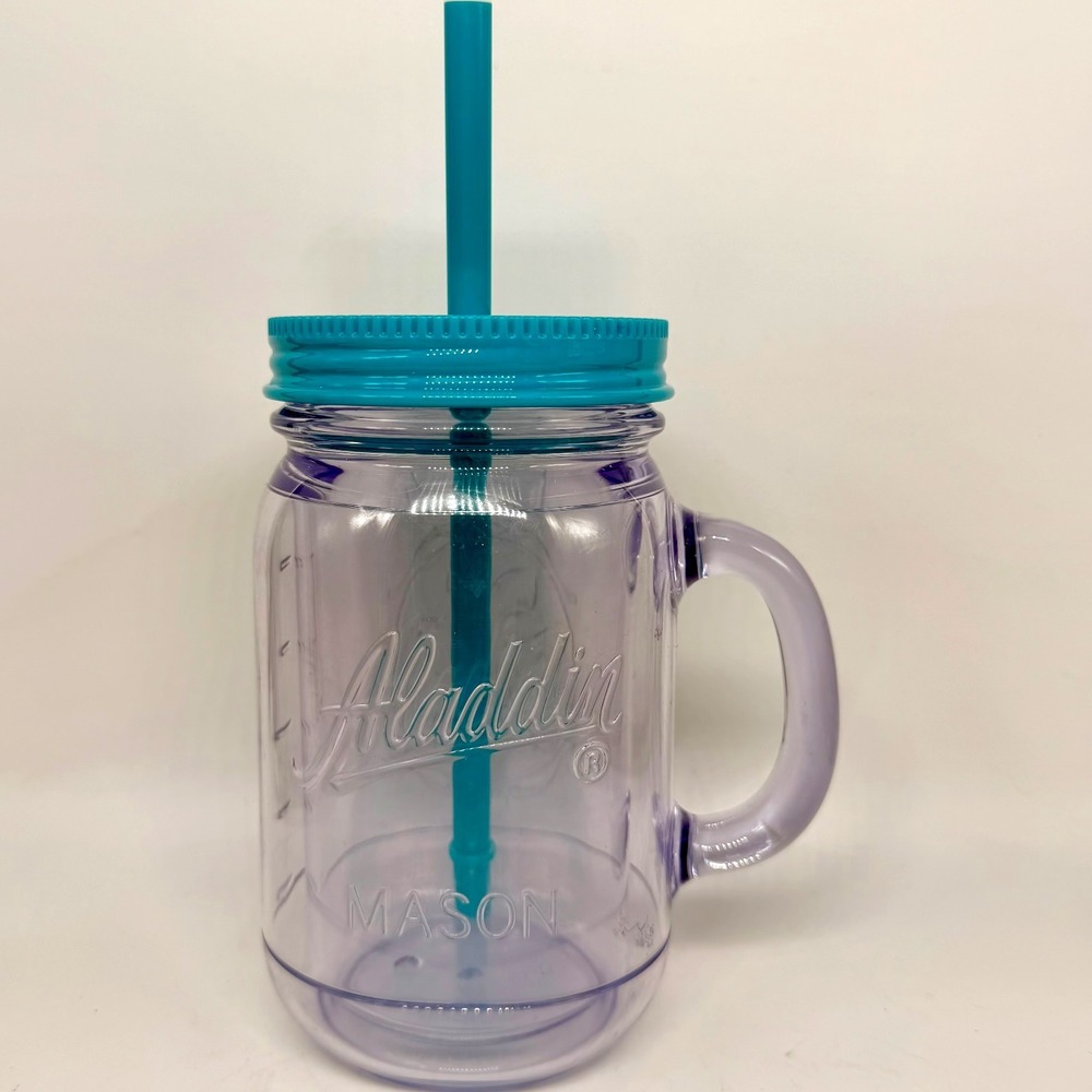Aladdin Mason Jar 20oz Tumbler Purple Acrylic Mug Teal Lid Straw Excellent